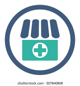 Drugstore vector icon. This rounded flat symbol is drawn with cobalt and cyan colors on a white background.