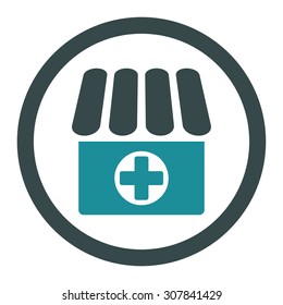 Drugstore vector icon. This rounded flat symbol is drawn with soft blue colors on a white background.
