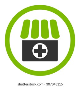 Drugstore vector icon. This rounded flat symbol is drawn with eco green and gray colors on a white background.