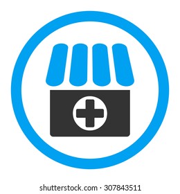 Drugstore vector icon. This rounded flat symbol is drawn with blue and gray colors on a white background.