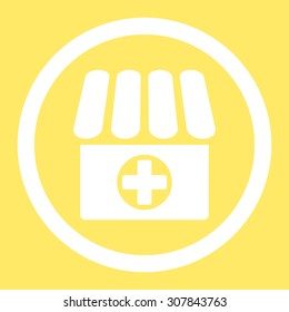 Drugstore vector icon. This rounded flat symbol is drawn with white color on a yellow background.