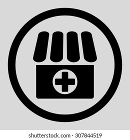 Drugstore vector icon. This rounded flat symbol is drawn with black color on a light gray background.