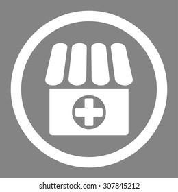 Drugstore vector icon. This rounded flat symbol is drawn with white color on a gray background.