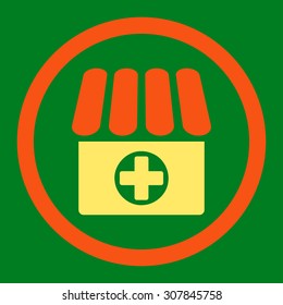 Drugstore vector icon. This rounded flat symbol is drawn with orange and yellow colors on a green background.