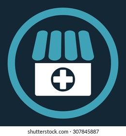 Drugstore vector icon. This rounded flat symbol is drawn with blue and white colors on a dark blue background.