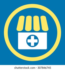 Drugstore vector icon. This rounded flat symbol is drawn with yellow and white colors on a blue background.