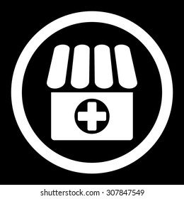 Drugstore vector icon. This rounded flat symbol is drawn with white color on a black background.