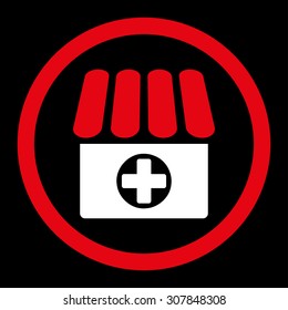 Drugstore vector icon. This rounded flat symbol is drawn with red and white colors on a black background.
