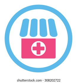 Drugstore vector icon. This rounded flat symbol is drawn with pink and blue colors on a white background.