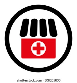 Drugstore vector icon. This rounded flat symbol is drawn with intensive red and black colors on a white background.