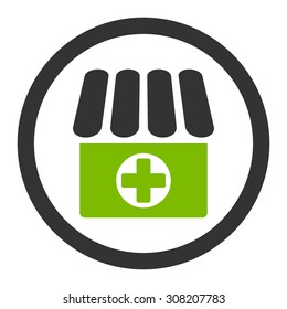 Drugstore vector icon. This rounded flat symbol is drawn with eco green and gray colors on a white background.