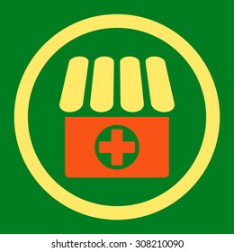 Drugstore vector icon. This rounded flat symbol is drawn with orange and yellow colors on a green background.