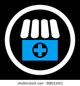 Drugstore vector icon. This rounded flat symbol is drawn with blue and white colors on a black background.