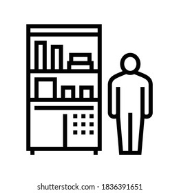 drugstore worker showcase with pills line icon vector. drugstore worker showcase with pills sign. isolated contour symbol black illustration