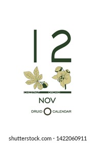 Druid calendar of flowers and trees. Leaf calendar template. Day after day. November 12 is a chestnut tree and a orchid flower. Astrological celtic horoscope. Eco design