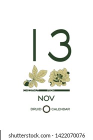 Druid calendar of flowers and trees. Leaf calendar template. Day after day. November 13 is a chestnut tree and a pion flower. Astrological celtic horoscope. Eco design