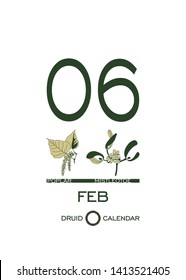 Druid calendar of flowers and trees. Template sheet tear-off calendar. Day after day. One day February 6 is a poplar tree and mistletoe flower. Astrological Celtic horoscope. Eco design.