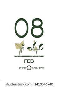 Druid calendar of flowers and trees. Template sheet tear-off calendar. Day after day. One day on February 8 is a poplar tree and mistletoe flower. Astrological Celtic horoscope. Eco design.