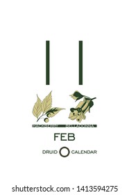 Druid calendar of flowers and trees. Template sheet tear-off calendar. Day after day. One day February 11 is a tree hackberry and belladonna flower. Astrological Celtic horoscope. Eco design.