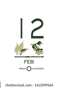 Druid calendar of flowers and trees. Template sheet tear-off calendar. Day after day. One day February 12 is a tree hackberry and belladonna flower. Astrological Celtic horoscope. Eco design.
