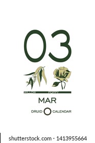 Druid calendar of flowers and trees. Template sheet tear-off calendar. Day after day. March 3 is a willow tree and  poppy flower. Astrological Celtic horoscope. Eco design.