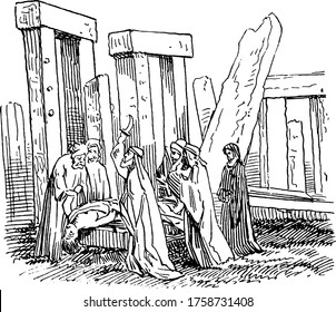 Druid, a member of the high-ranking professional class in ancient Celtic cultures, were also legal authorities and adjudicators. Shown here is a form of sacrifice, followed by them, vintage