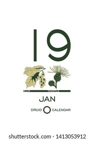 Druid plant calendar. The calendar sheet - the day of January 19 corresponds to an elm tree and a thistle flower. Astrological Celtic horoscope day after day. Calendar template for eco design.