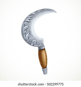 Druidic or witches silver crescent sickle with a wooden handle to gather herbs isolated on white background