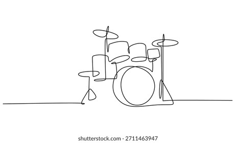 Drum band set or drum kit in continuous one line drawing. Percussion music instruments concept.