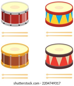 Drum, Drum Cartoon Icons Set. Vector, Cartoon Illustration. Vector.