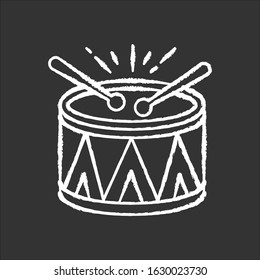 Drum chalk white icon on black background. Musical instrument. Brazilian carnival. Festive drum parade. Samba. Musical movement. National holiday. Isolated vector chalkboard illustration