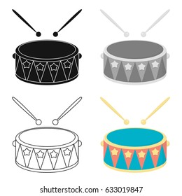The drum is a children's toy. A drum with two chopsticks. A brightly colored drum. Illustration for web and mobile design.