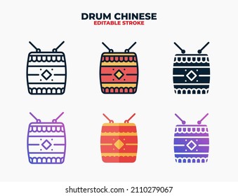 Chinesisches Trommelsymbol mit verschiedenen Stilen. Symbole, die in den Farben Füllung, Umriss, flach, Glyphe und Linie entworfen wurden. Bearbeitbarer Strich und Pixel perfekt. Kann für Web, Mobile, ui und mehr verwendet werden.