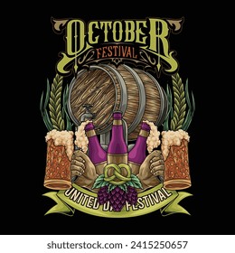 a drum containing beer poured into glasses and three bottles. Oktoberfest is a biweekly festival held annually in Munich, Bavaria, Germany.

