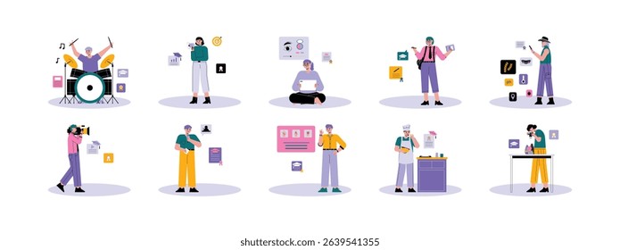 Drum courses, marketing, make up, writing, farming, videographer, mc, sign language, cooking and photography, vector illustration.