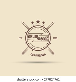 drum with crossed drumsticks vector isolated label badge emblem logo with text for your drum school 