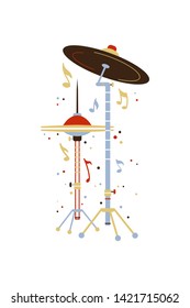 Drum cymbals flat vector illustration. Percussion, professional drummer equipment design element. Rhythm musical instrument and notes isolated clipart. Live music show, rock concert, festival