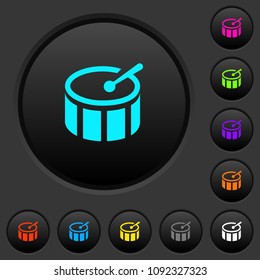 Drum dark push buttons with vivid color icons on dark grey background
