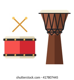 Drum and djembe, african percussion, handmade wooden drum. Flat style vector musical instruments isolated on white