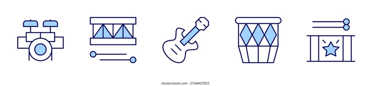 drum, drums, electricguitar, drumset. Instruments Icon vector illustration. Line Duotone style. Editable stroke.