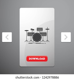 drum, drums, instrument, kit, musical Glyph Icon in Carousal Pagination Slider Design & Red Download Button