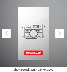 drum, drums, instrument, kit, musical Line Icon in Carousal Pagination Slider Design & Red Download Button