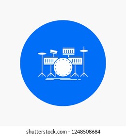 drum, drums, instrument, kit, musical White Glyph Icon in Circle. Vector Button illustration