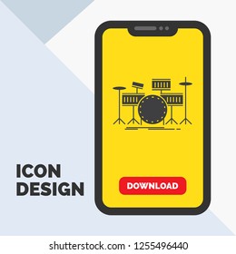 drum, drums, instrument, kit, musical Glyph Icon in Mobile for Download Page. Yellow Background