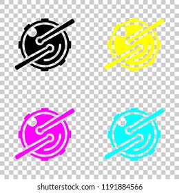  Drum with drumsticks and camera. Simple icon. Colored set of cmyk icons on transparent background