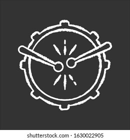 Drum with drumsticks chalk white icon on black background. View from above. Musical instrument. Brazilian carnival. Samba. Musical movement. National festival. Isolated vector chalkboard illustration