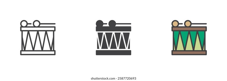 Drum and drumsticks different style icon set. Line, glyph and filled outline colorful version, outline and filled vector sign. Symbol, logo illustration. Vector graphics