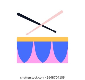 Tambor com baquetas. Percussão festiva de carnaval, instrumento musical com varas cruzadas para marchar, tocar ritmo, batida e som alto, barulho. Ilustração de vetor plano isolada no plano de fundo branco