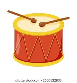 Tambor com baquetas. Percussão festiva de carnaval, instrumento musical com varas cruzadas para marchar, tocar ritmo, batida e som alto, barulho. Ilustração de vetor plano isolada no plano de fundo branco