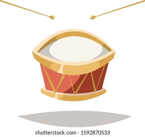Drum with drumsticks. Flat vector illustration in cartoon style isolated on white background.